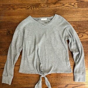 Gray V-Neck Ribbed Women Top